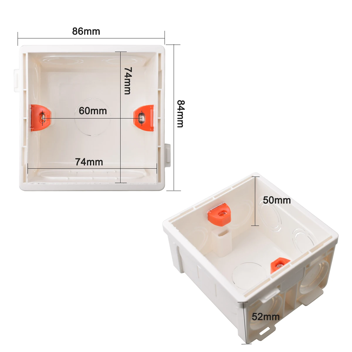 Coswall 조절식 마운팅 박스 내부 카세트, 86 타입 스위치 및 소켓, 화이트 레드 와이어링 백 박스, 86mm * 85mm * 50mm