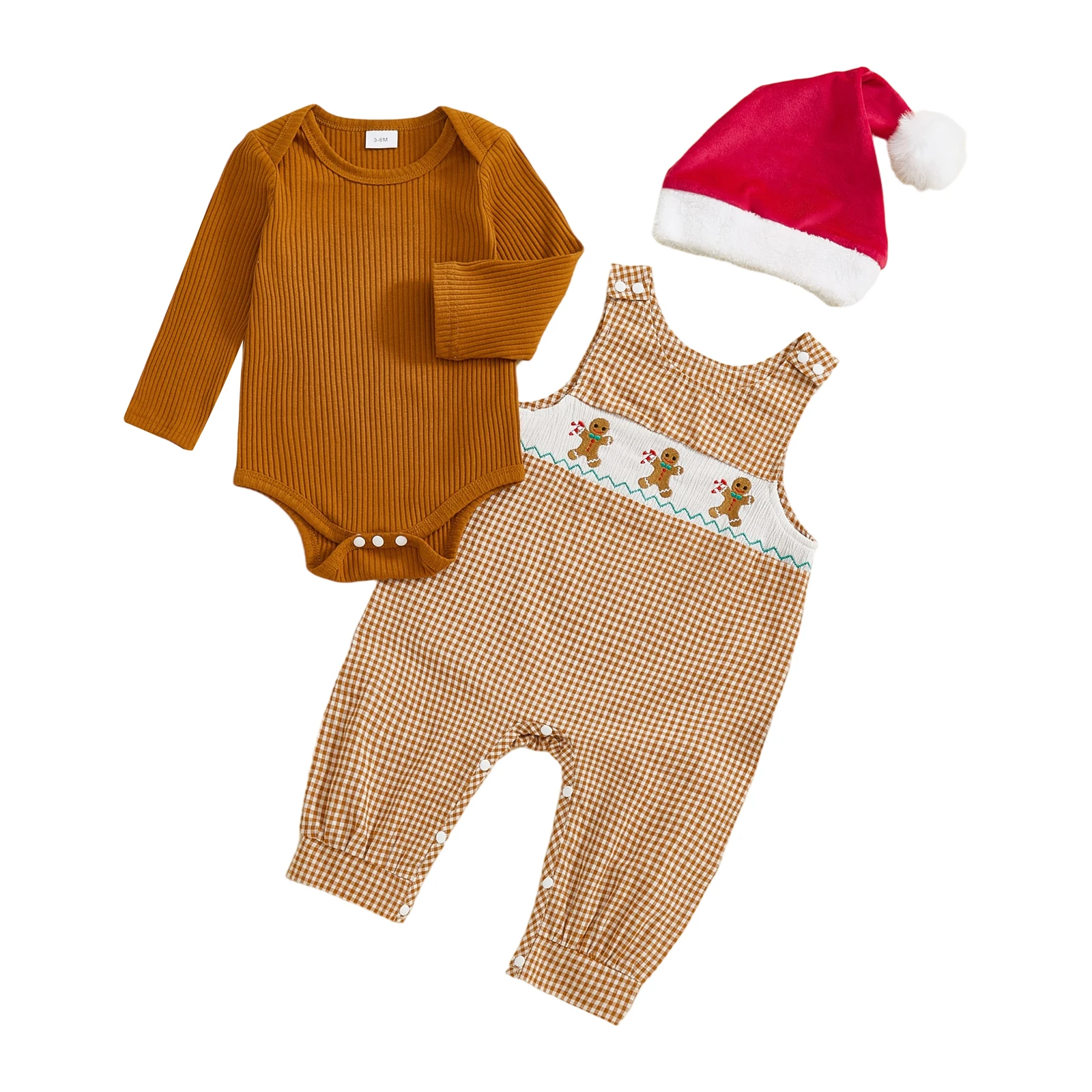 

Baby Christmas Outfit Long Sleeve Romper with Plaid Embroidery Overall Pants and Hat Clothing Set