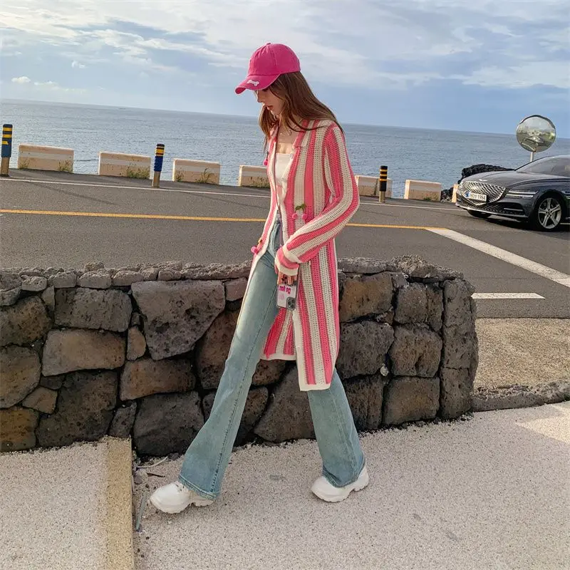 Kurtka damska Hollow Out 2024 Summer New Fashion Korean Striped Thin Full Sleeve Long Coat Spring Autumn Sunscreen