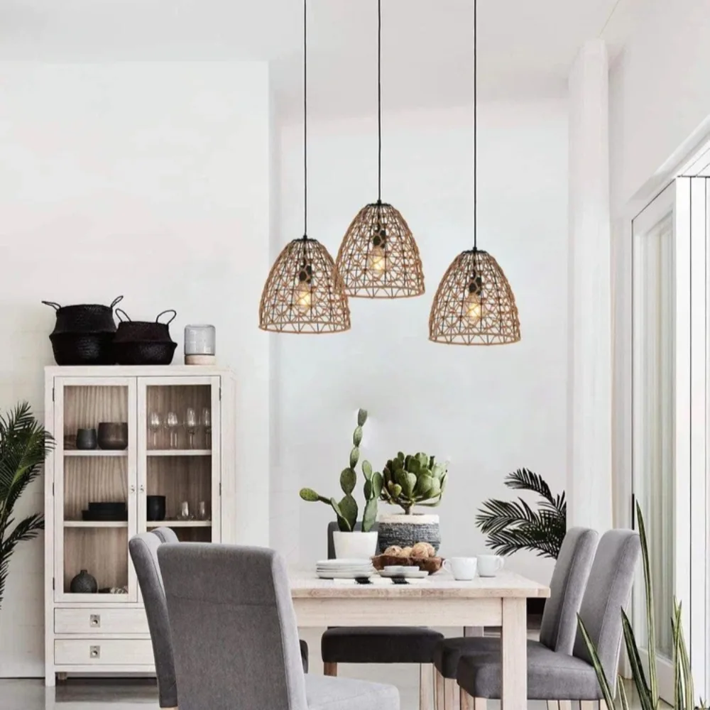

Retro Pendant Light with Handmade Hemp Rope Lampshade Metal LED Chandelier Farmhouse Hanging Lamp for Kitchen Island Dining Room