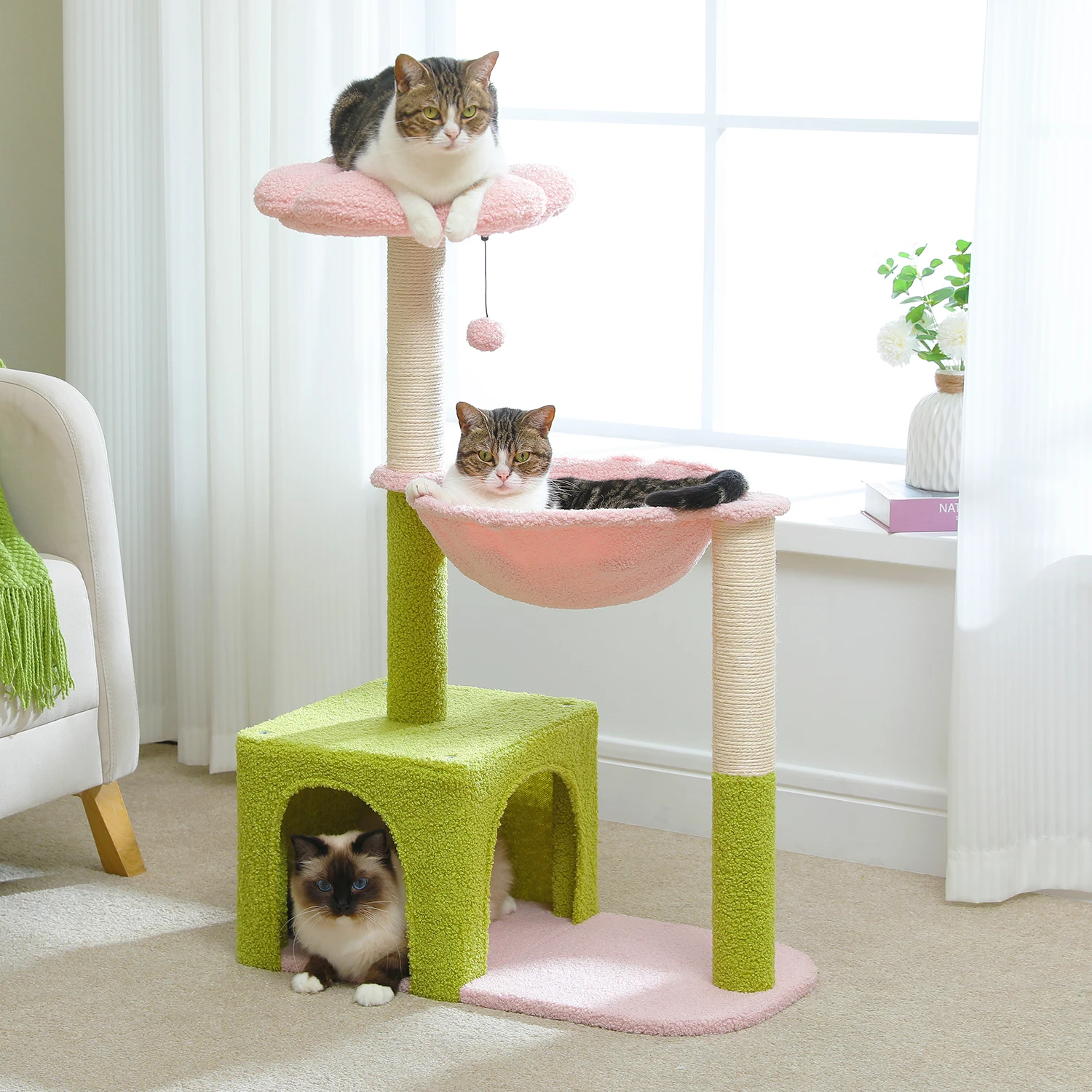 89cm Pink Flower Cat Tree Tower with Metal Frame Hammock Sisal Posts for Small Cats Blue Top Perch for Kittens Fluffy Ball