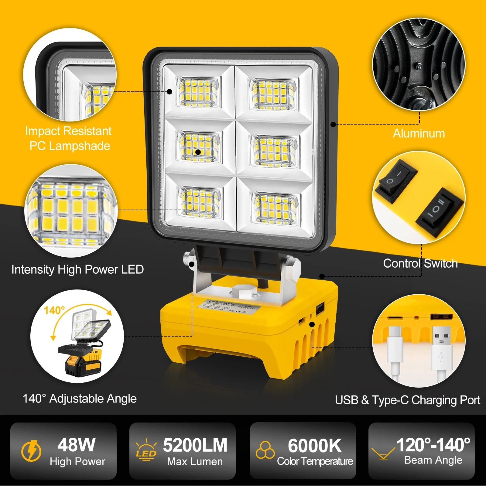 5200LM Portable 48W LED Work Light Cordless Work Light Adjustable Base Rechargeable LED Flood Light Compatible with DeWalt