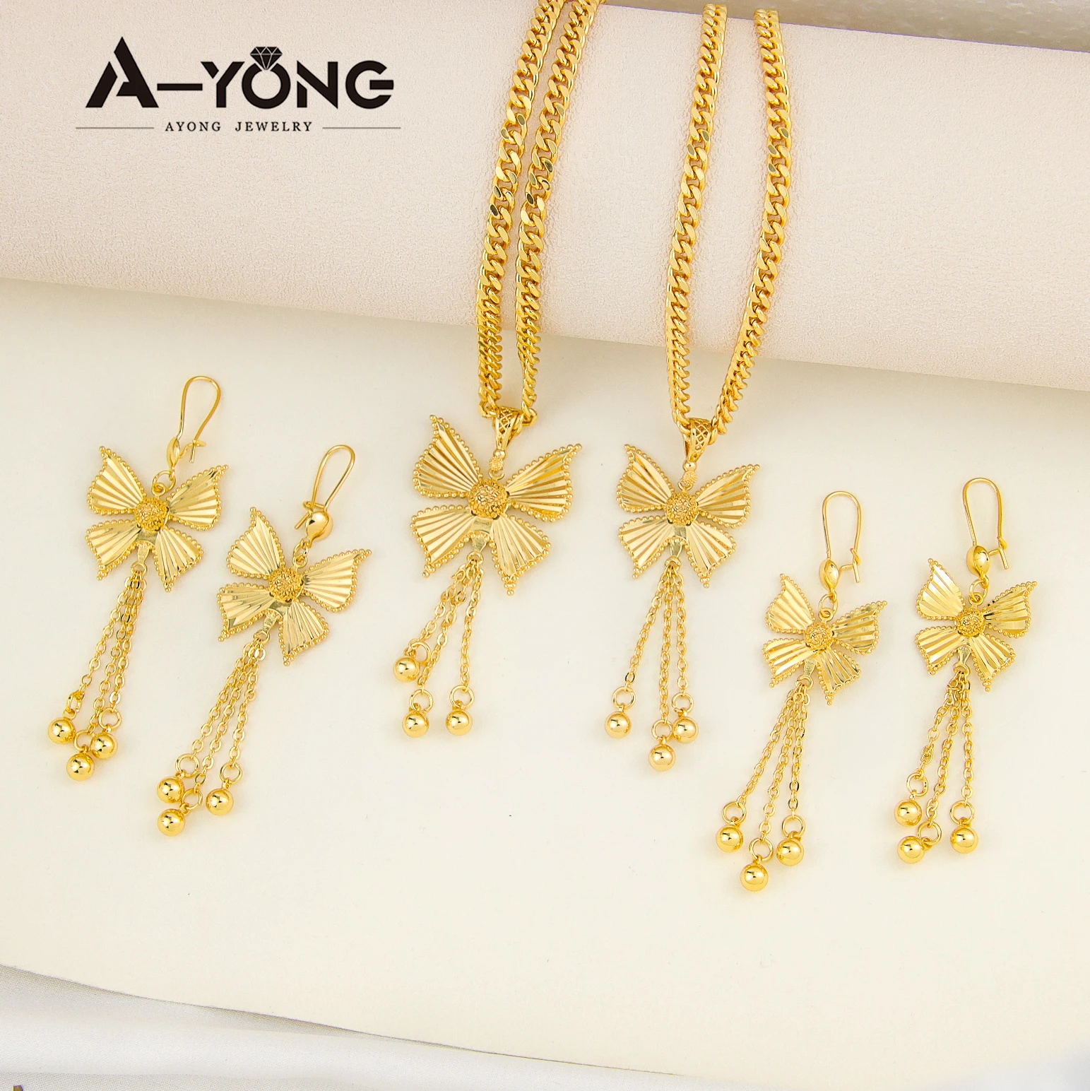 

Gold Color Butterfly Necklace Earrings Set 21k Gold Plated Tassel Dubai Wedding Jewelry Arab Women Bridal Luxury Jewelrys Gifts