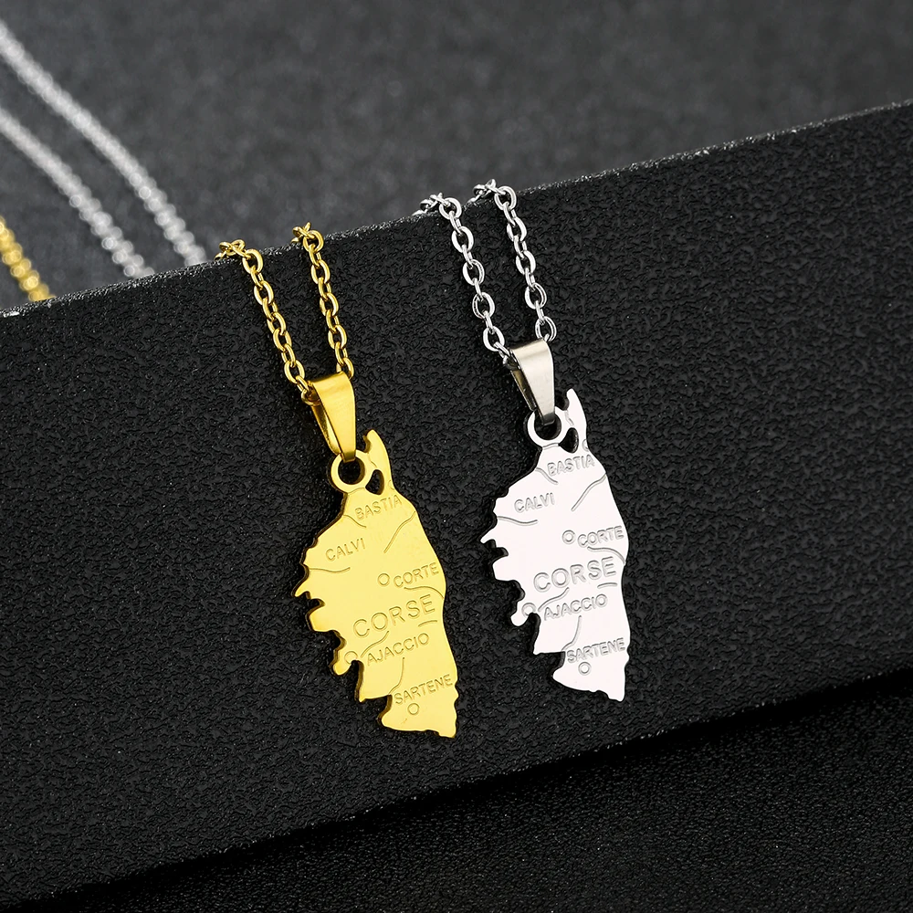 Collar de mapa de la isla de la corsica de acero inoxidable, collar con colgante de ciudad con mapa de Francia, mapa de Color dorado y acero, regalo de joyería Unisex