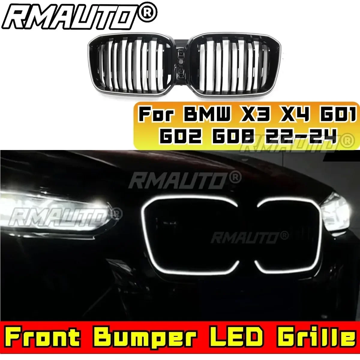 Parrilla de radiador superior delantera de carreras LED para BMW, Kit de carrocería de parrilla de parachoques delantero de coche, modelos X3, X4, X3M, X4M, G01, G02, G08, años 2022 a 2024