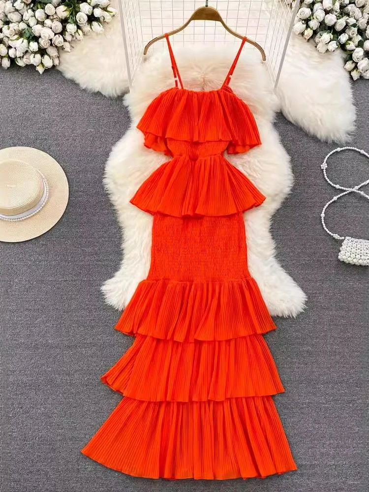 Vestido de playa Sexy para mujer, Espalda descubierta, cintura alta, línea A Irregular, vacaciones en la playa, moda de pastel con tirantes, caliente