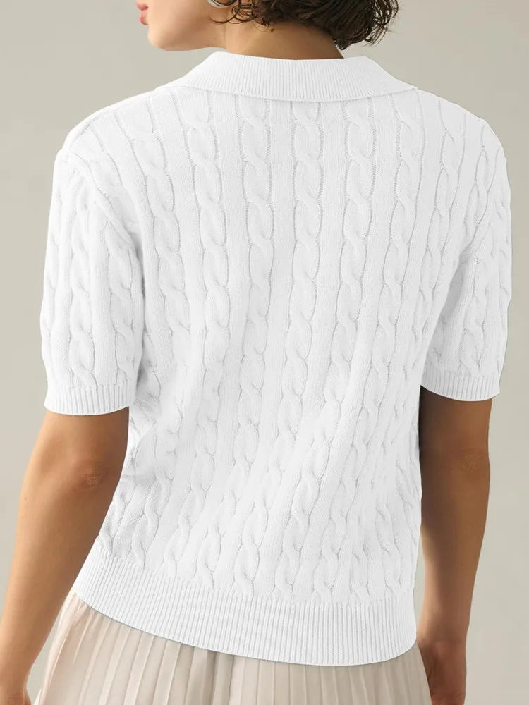 Casual bianco maglia a trecce manica corta maglione Pullover primavera estate 2024 tinta unita moda morbido risvolto scollo a V lavorato a maglia