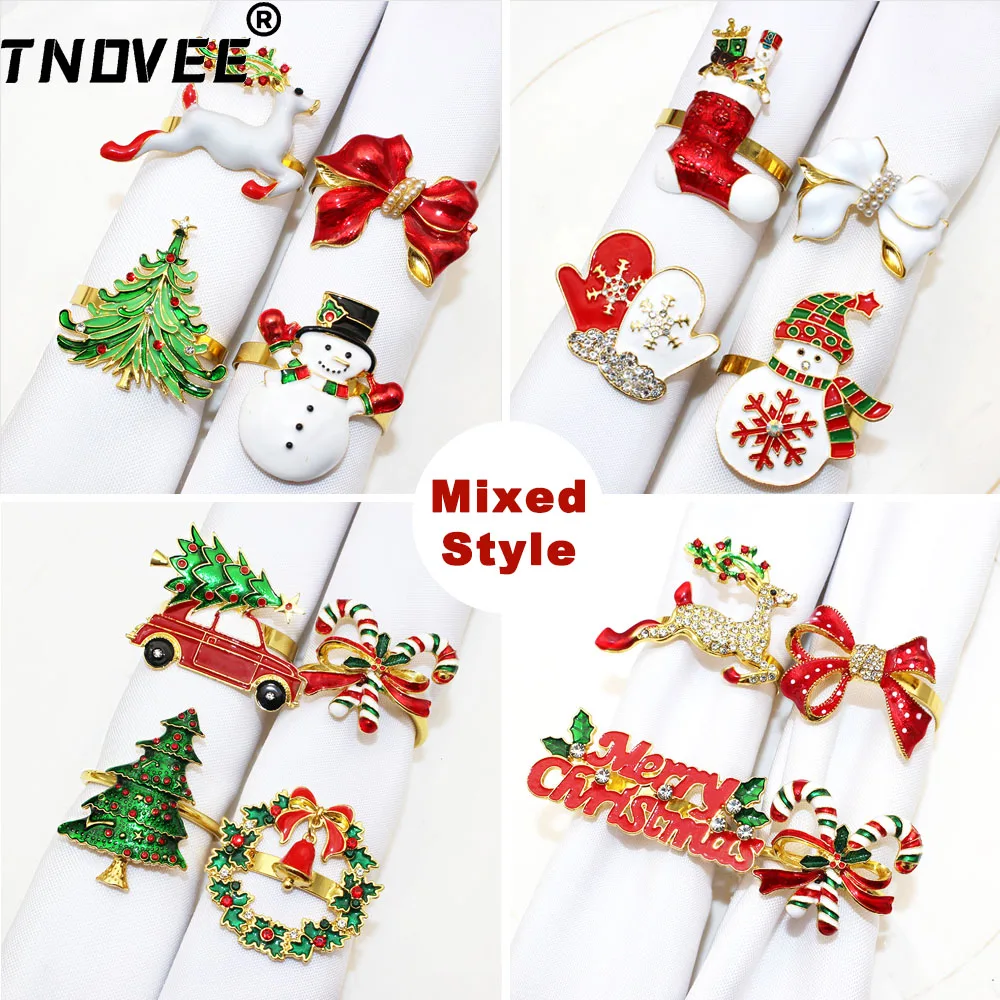 4Pcs Mixed Style Christmas Napkin Rings Tree Snowflake Elk Bow Candy Cane Snowman Leaf Napkin Holder for Wedding Party Table Dec