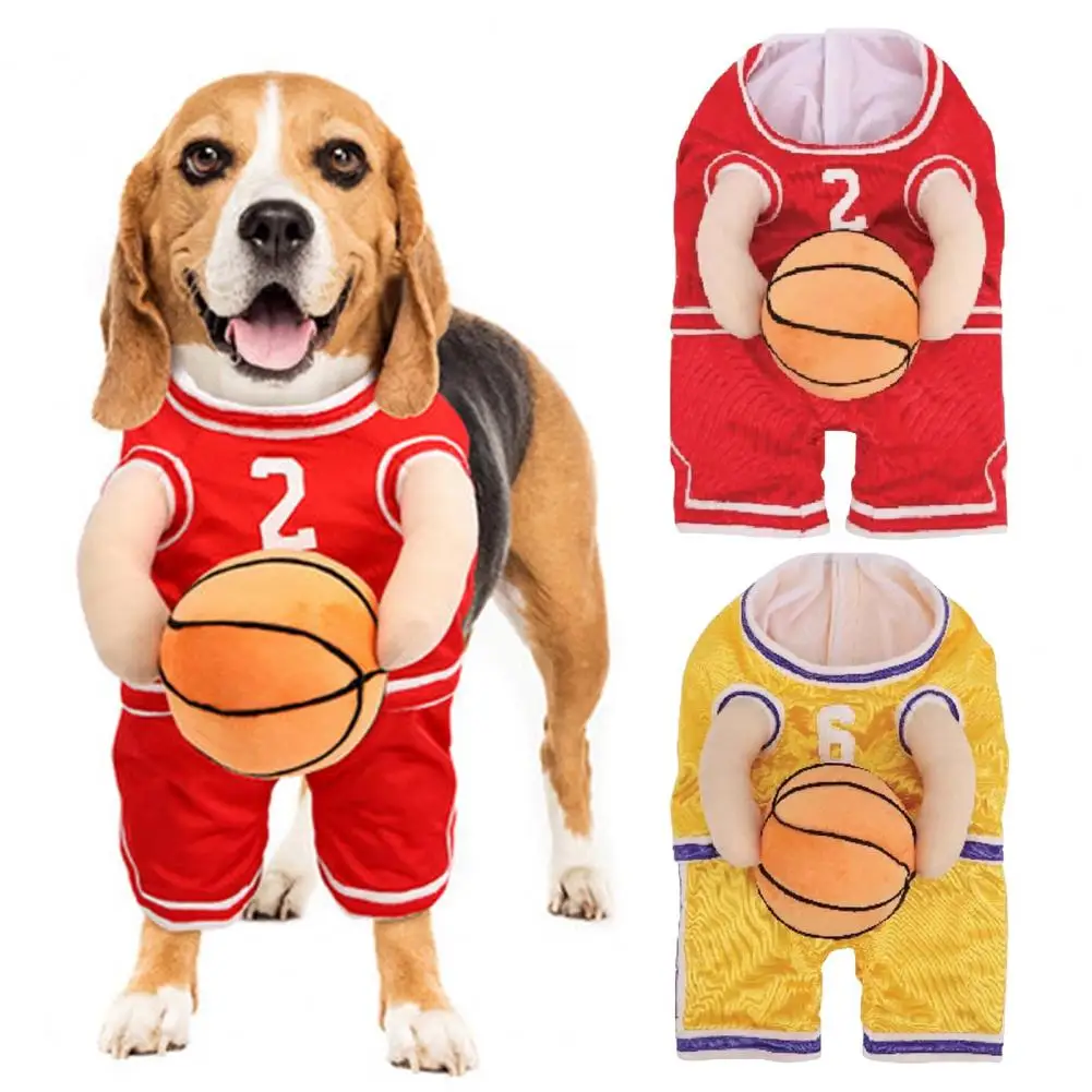 Funny Dog Jumpsuit Basketball Players Costume with Ball Halloween Pet Dog Holding Ball Basketball Uniform Dress-up Outfit