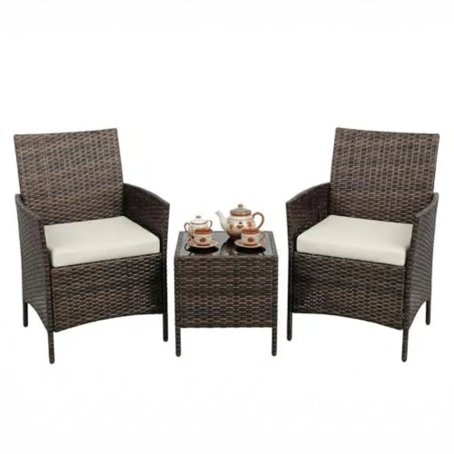 

3 Piece Patio Furniture Set for Garden, Porch, Lawn, Pool: All-Weather Brown+White Wicker Sofa Set with Upholstered Cushions an