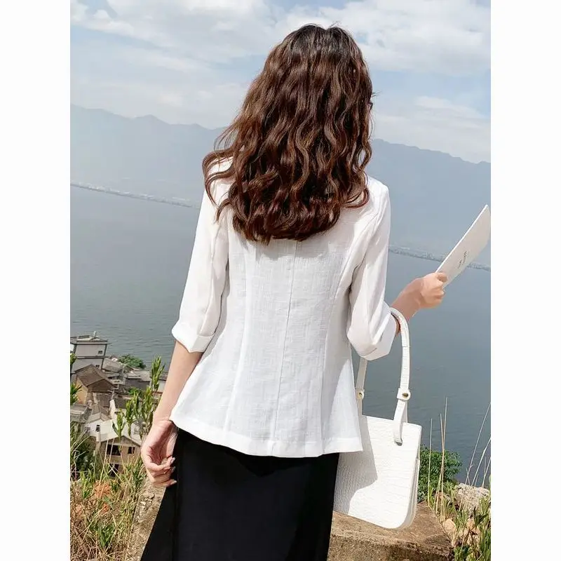 

European American Style Simple Double-Breasted Tweed Satin Round Leisure Splicing Fall Winter Pinstripe Shoulder-Padded Lace
