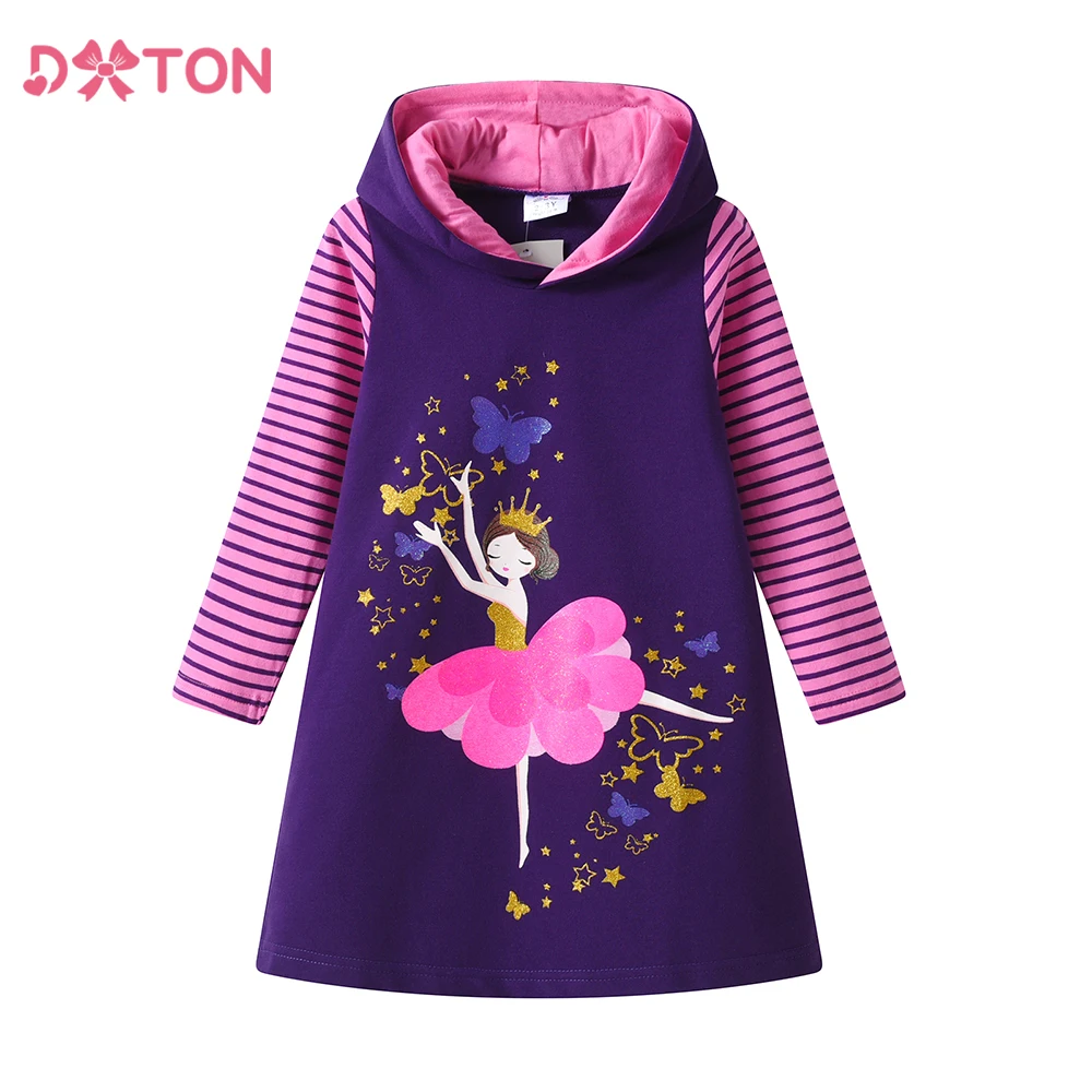DXTON Toddler Winter Hoodies Dress For Girls Pattern Printed Cotton Children Casual Dress Striped Sleeve Hooded Princess Dresses