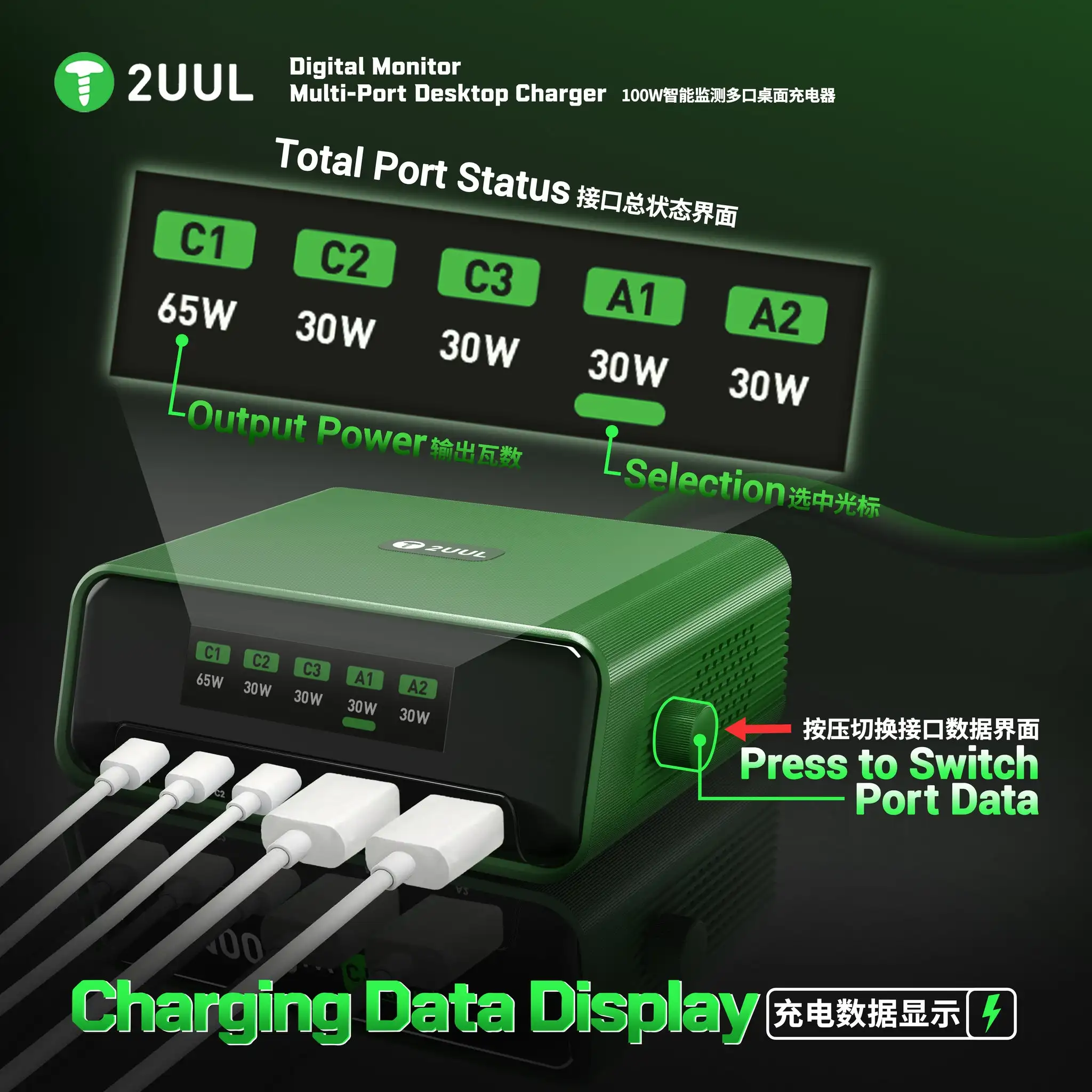 2uul-pc12-デジタルモニター-110w-マルチポートデスクトップ充電器-充電データ表示-デスクトップユニバーサル充電器