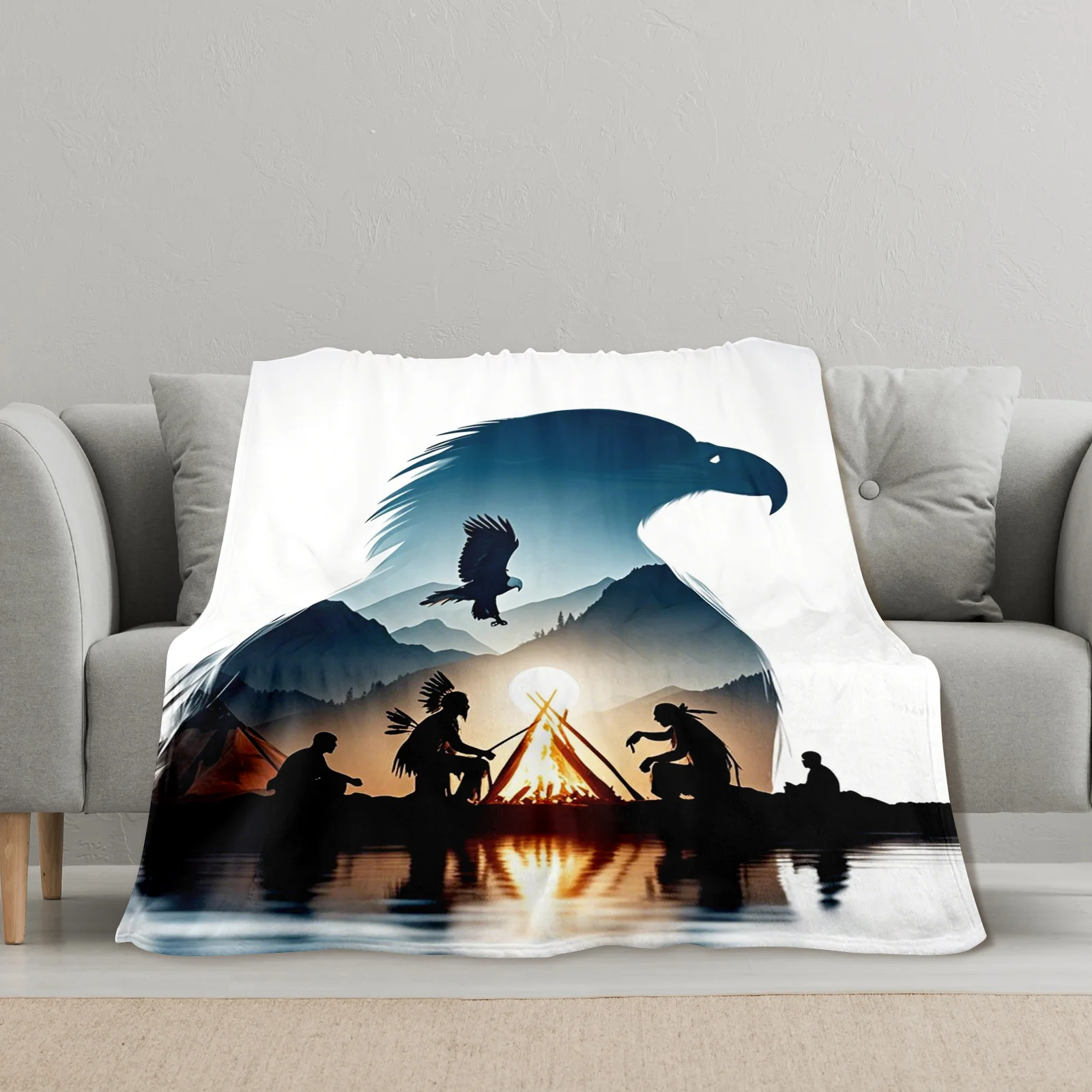 Eagle Silhouette Inspired Creative Mountain And Farming Themed Blanket For Rustic And Nature Inspired Living Space Accent