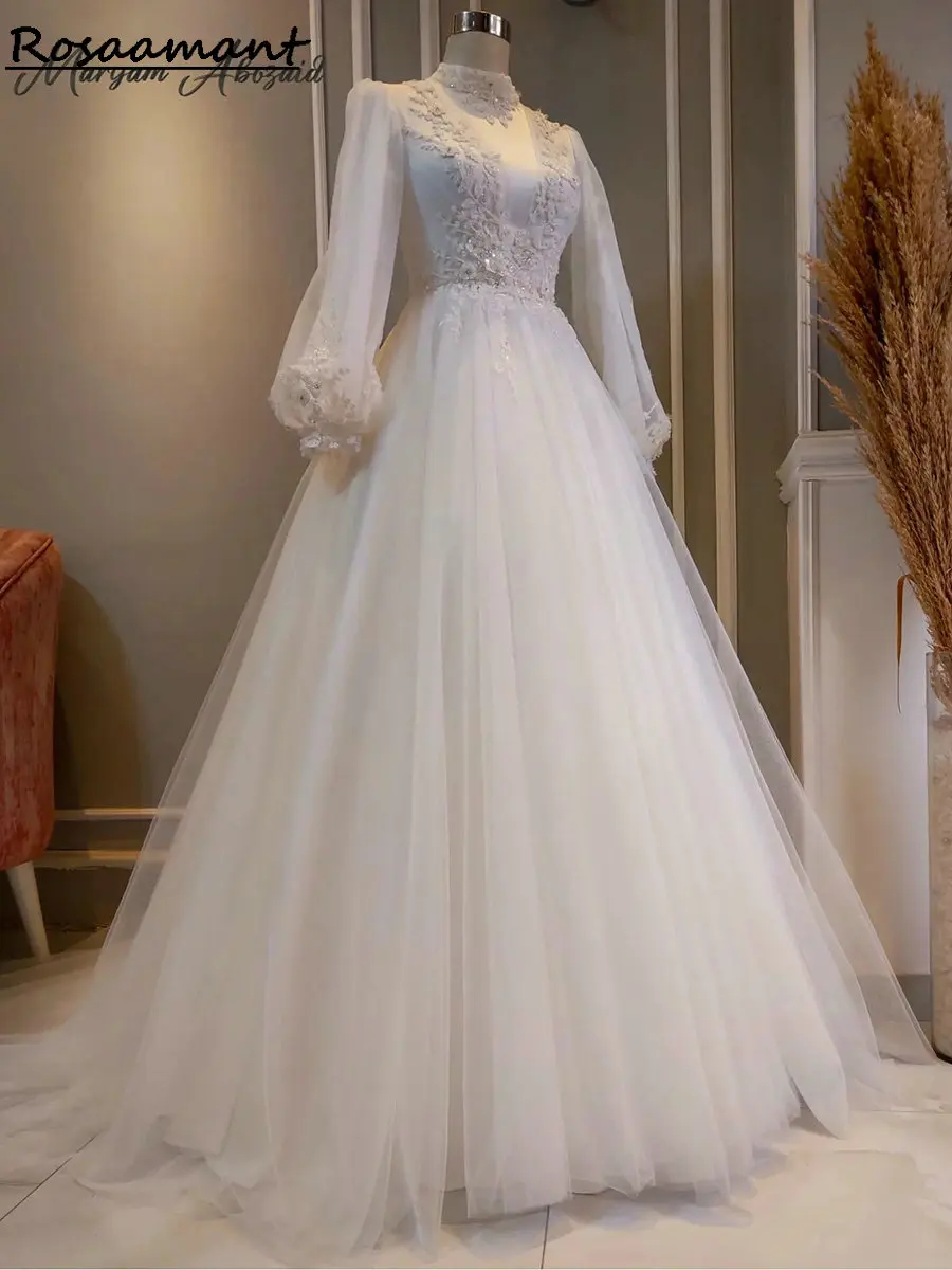 

Luxurious High Neck Pearls Beading Muslim A-Line Wedding Dresses Long Sleeve Appliques Lace Boho Country Bridal Gowns