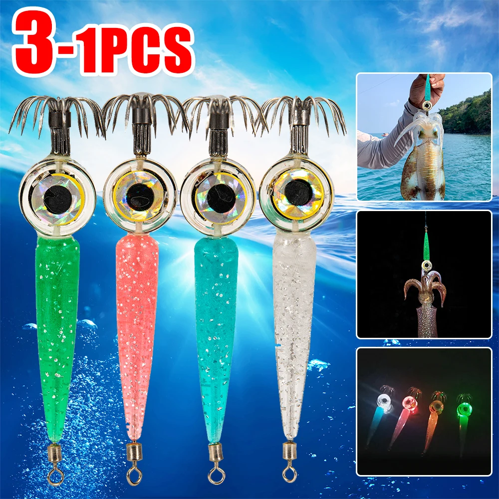 1-3pcs Electronic Squid Hook Led Deep Sea Glowing Luminous Cuttlefish Squid Jig Calm Lure For Pickled Sea Fishing Accessories