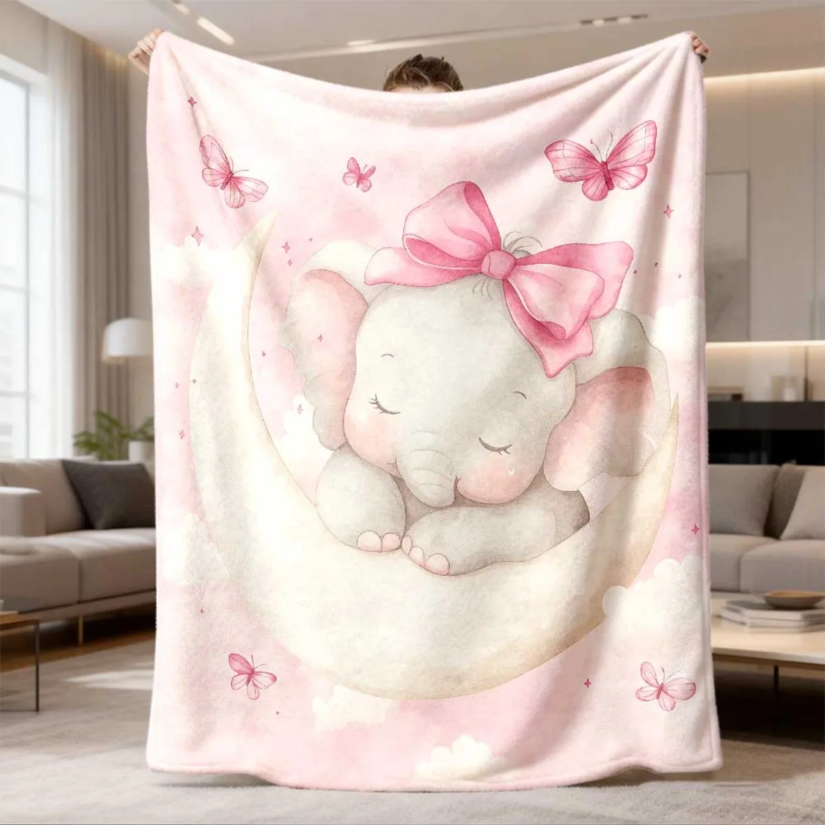 Soft Pink Base Watercolor Sleepy Elephant Moon Butterfly Full Print Fluffy Throw Blanket, Warm Soft Couch Toddler Girl Home Gift
