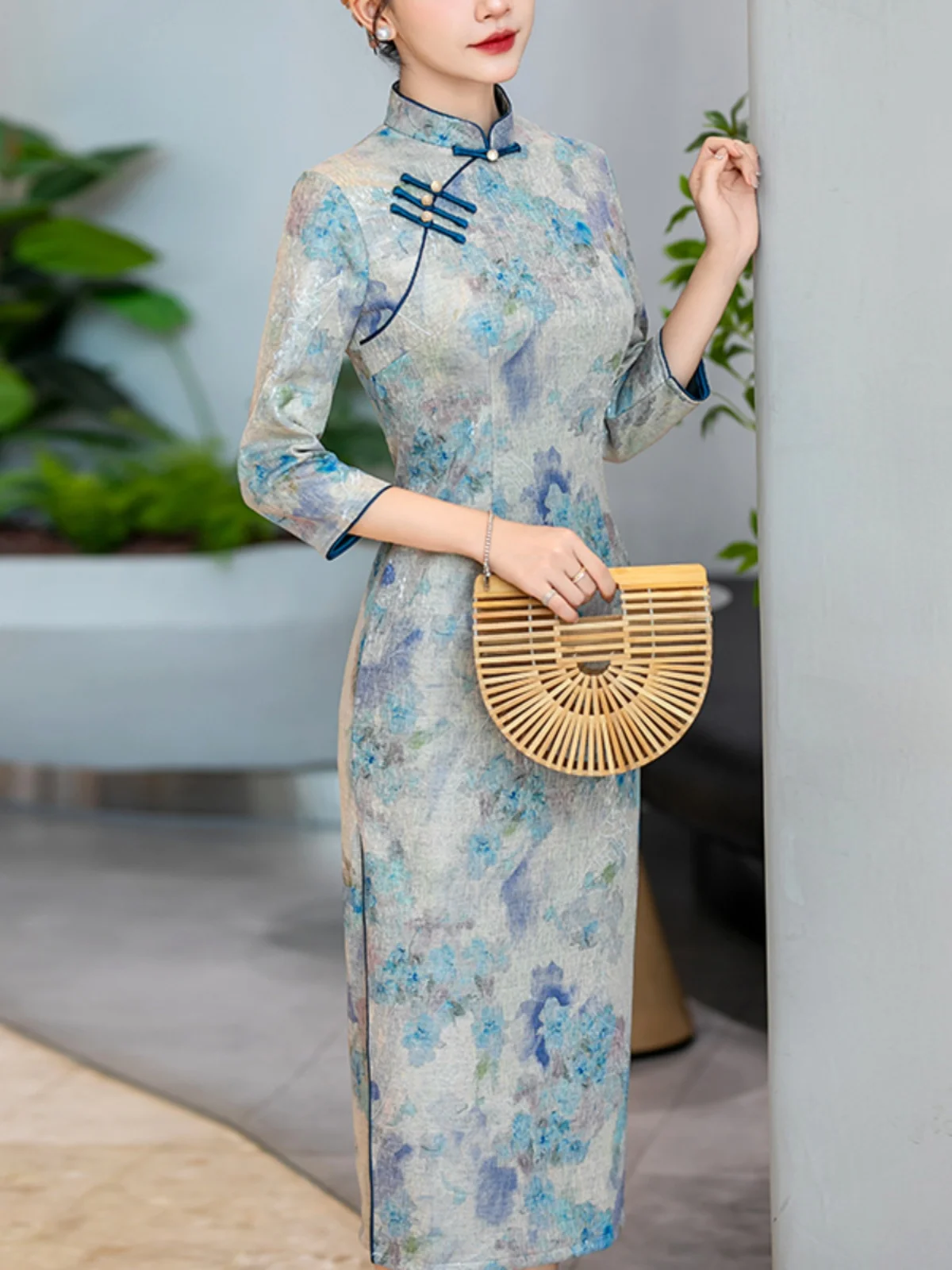 

Revised Ele Slimming anghai Sle Split Seven-Quarter Sve Long Dr for Women Vintage Design Casual Wear