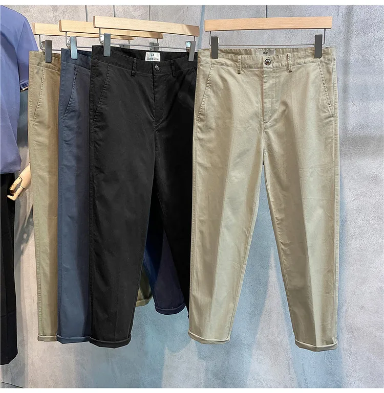 بنطال كاجوال مريح من القطن الخالص مضاد للتجاعيد بقصة ضيقة للرجال للربيع والصيف، سروال غرب طويل مستقيم الساق قابل للتجاعيد