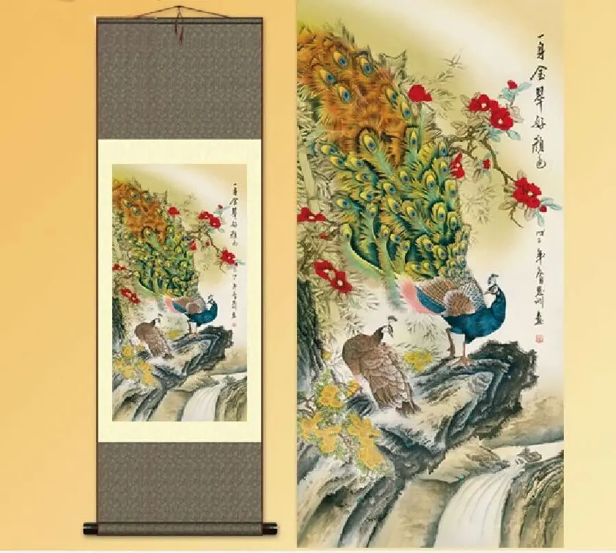 Chinese Silk Scroll Painting Peacock Crane Mandarin duck Home Decoration Various