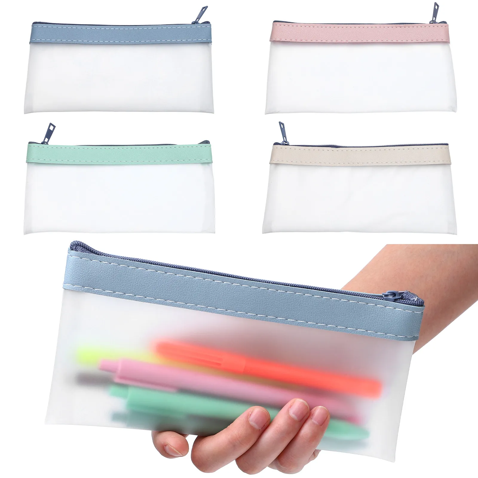 

4Pcs Stylish Semi-Transparent Zipper Pouches for Pencils Money Makeup Stationery Organizers Clear Pencil Cases Cash Bags Bank