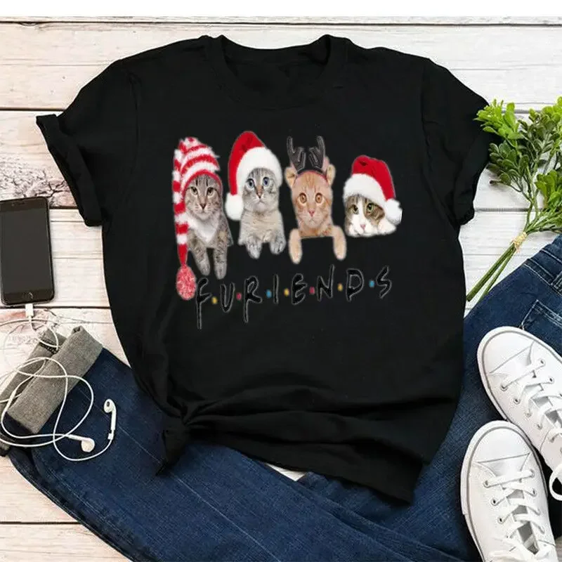 

Furiends Cat Christmas T-ShirtCotton Kawaii Fashion Shirt Plus Size O Neck graphic Mama 100% cotton shirt Short Sleeve Top Tees