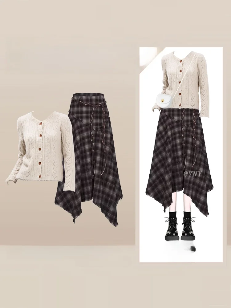 

New Vintage Knitted Sweater Autumn Winter Open Cardigan Gourd Waist Cord Asymmetrical Hem Plaid Skirt Women's Set