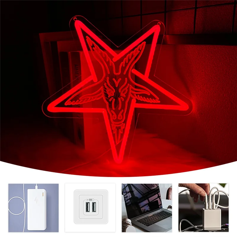 โคมไฟติดผนังแบบโกธิค ABPQ-Baphomet สีนีออน ดีไซน์รูปดาวห้าแฉกสามมิติและแบบคว่ำ ตกแต่งผนังบ้าน