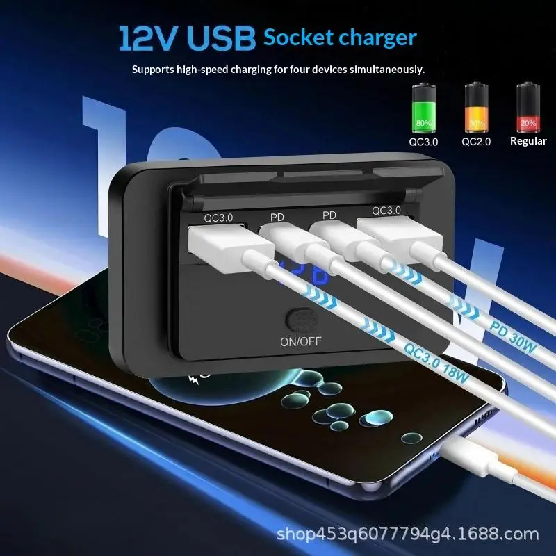 Car Charger Socket Adapter with Independent Power Switch 4-Port QC3.0 Fast USB Charging Outlet for Drivers