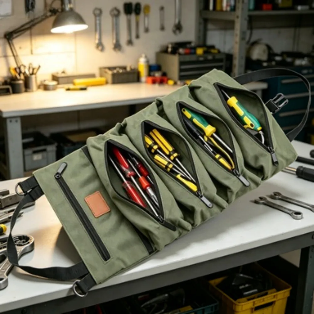 Heavy Duty Roll Up Tool Bag Oxford Fabric Multi Tool Organizer All in One Garage Storage for Mechanics Electricians Carpenters