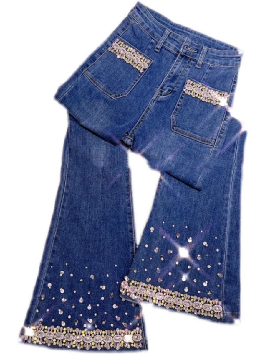 Prachtige Strass Retro Blue Jeans Voor Vrouwen 2023 Fall Winter Nieuwe Hoge Taille Afslanken Stretch Denim Bell-Bottom Broek straat