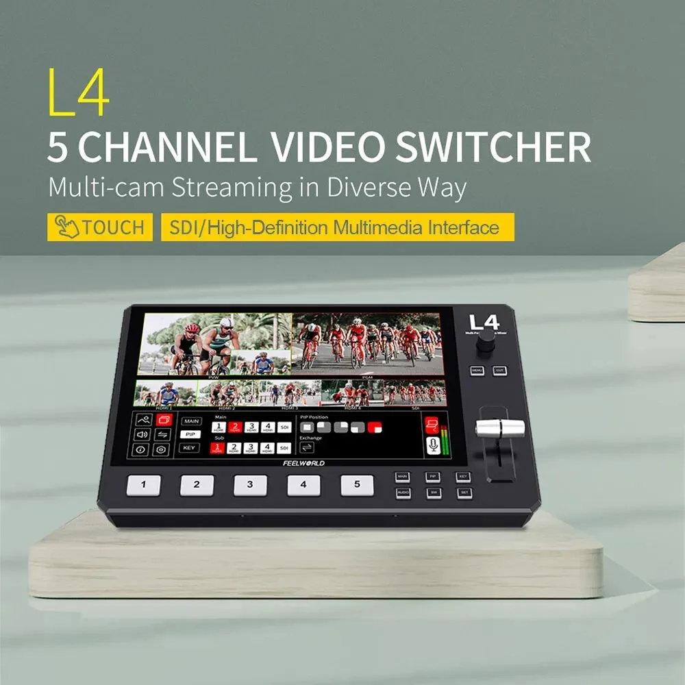FEELWORLD L4 5ch 10.1" Layar Sentuh Pengalih Mixer Video Multi-kamera dengan HMDI, SDI, Output USB3.0 Streaming Cepat