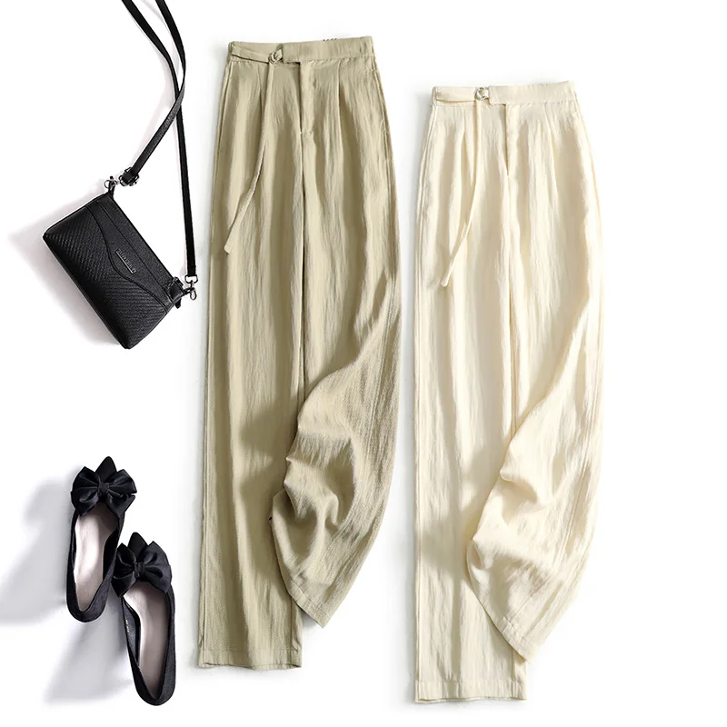 

Узкие широкие брюки из льна со сложенной текстурой, летние легкие длинные брюки прямого кроя, тонкая модель для поездок на работу