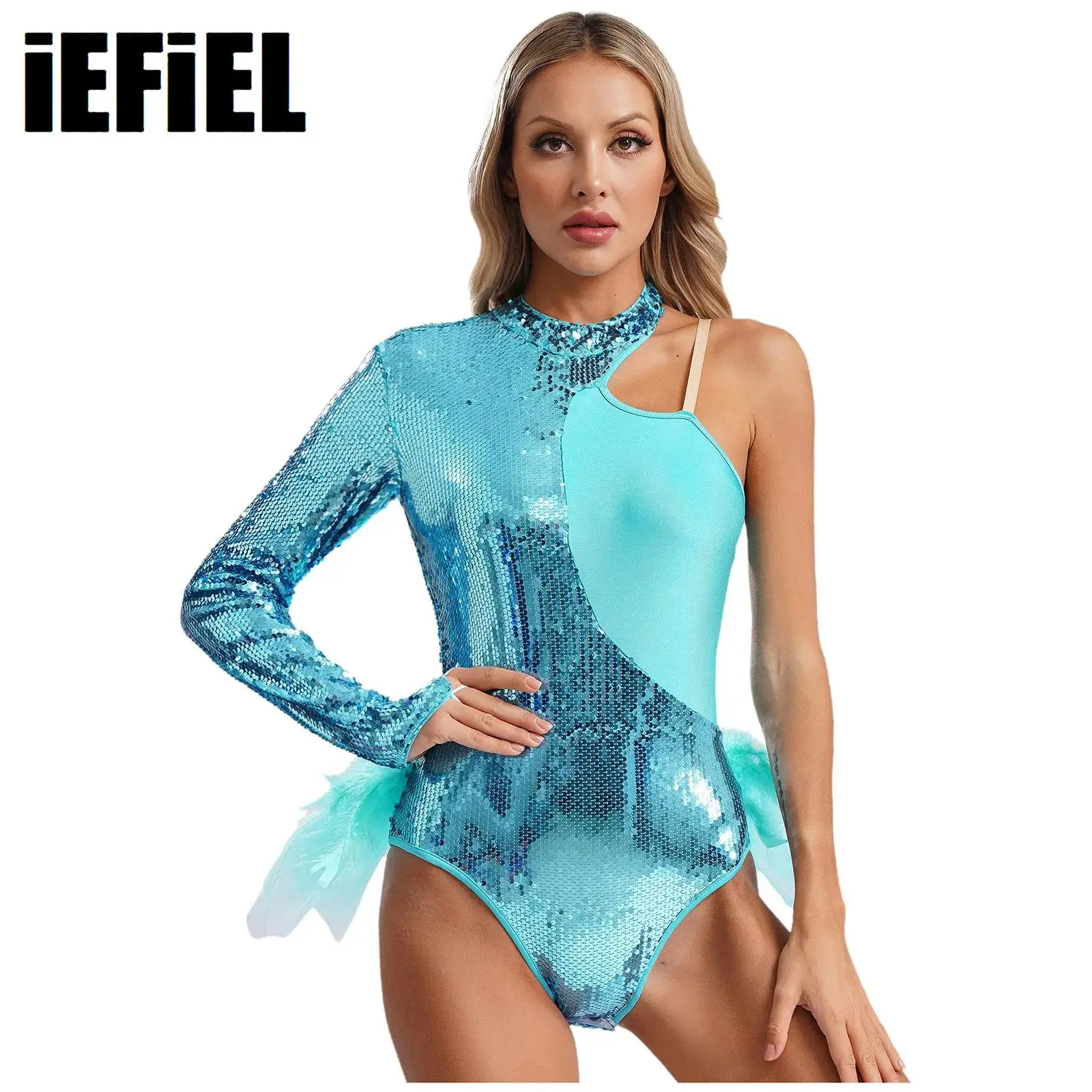 

Women Feather Tulle Skirted Leotard Sparkly Sequin Asymmetrical Shoulder Mock Neck Bodysuit Dance Performance Costume