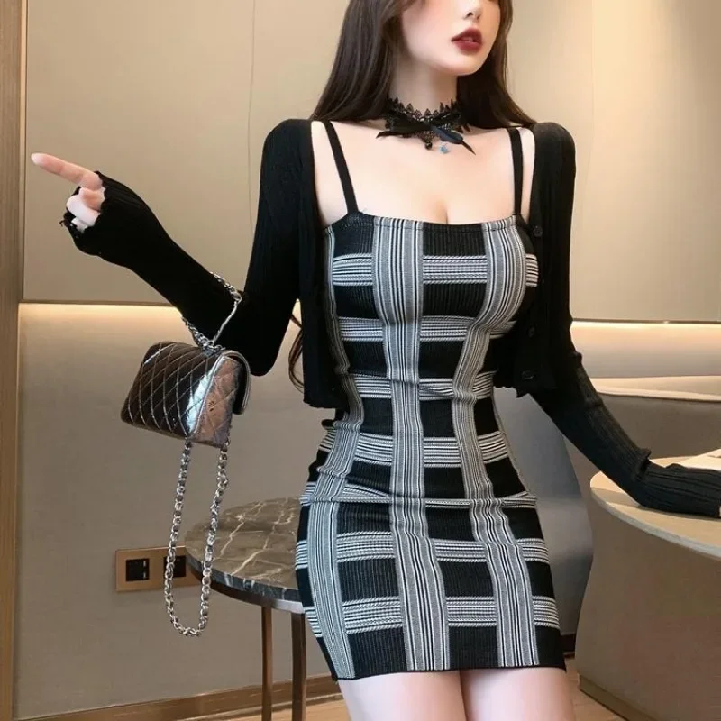 Female Outfits Sexy Pink Plaid Crochet Black Women\'s Two Piece Set Mini Dress Short Night Club Long Sleeve Knit Stylish Vintage