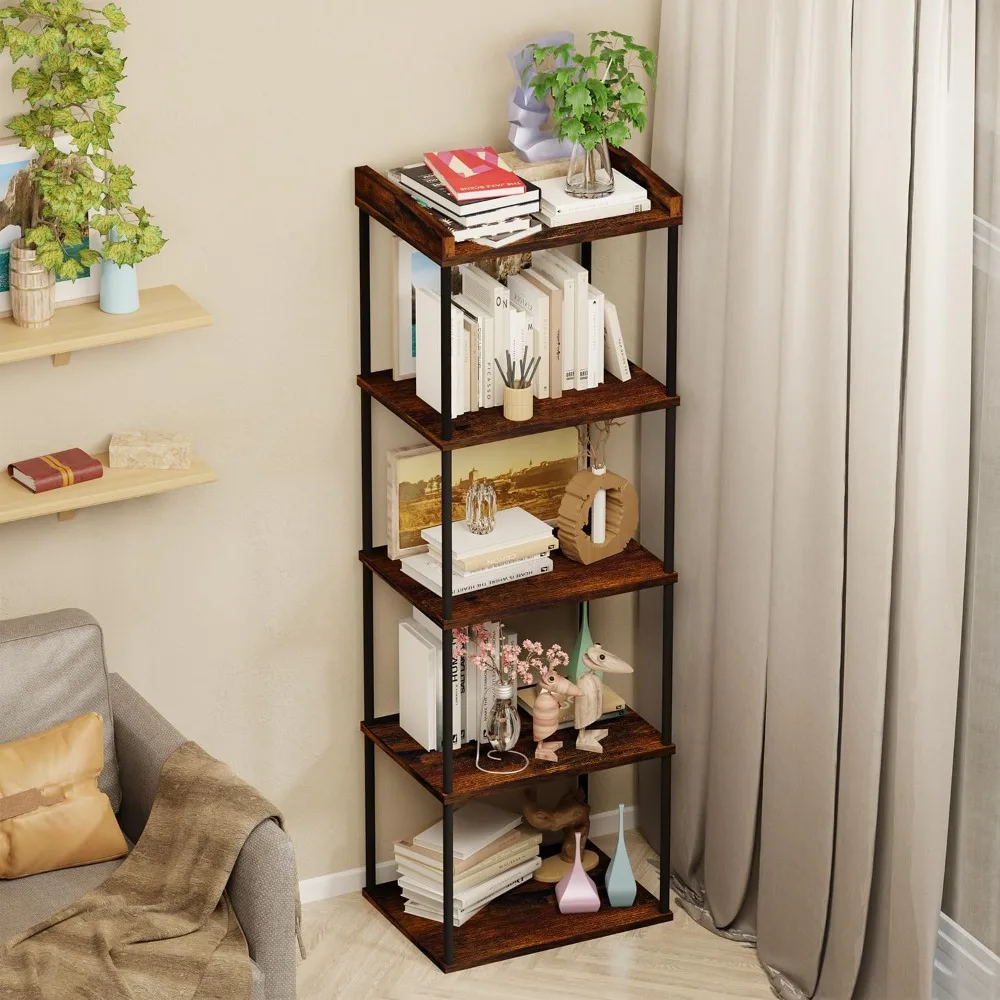 

5-Tier Narrow Book Shelf, Tall Wood Bookcase, Vintage Storage Rack and Standing Bookshelves Display Rack Fr Living Room,Bedroom