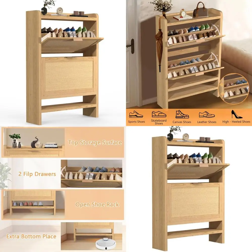 

Narrow Light Oak Shoe Cabinet with 2 Rattan Drawers and Additional Storage Shelf, Freestanding Organizer for Entryway