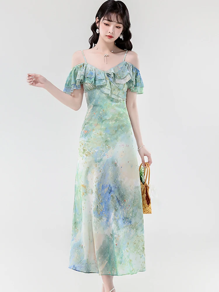 الصيف Bech نمط الأخضر الأزهار شيك تكدرت مثير حبال فستان طويل المرأة أنيقة قطعة واحدة فستان 2025 الكورية Bodycon فستان الحفلات #1