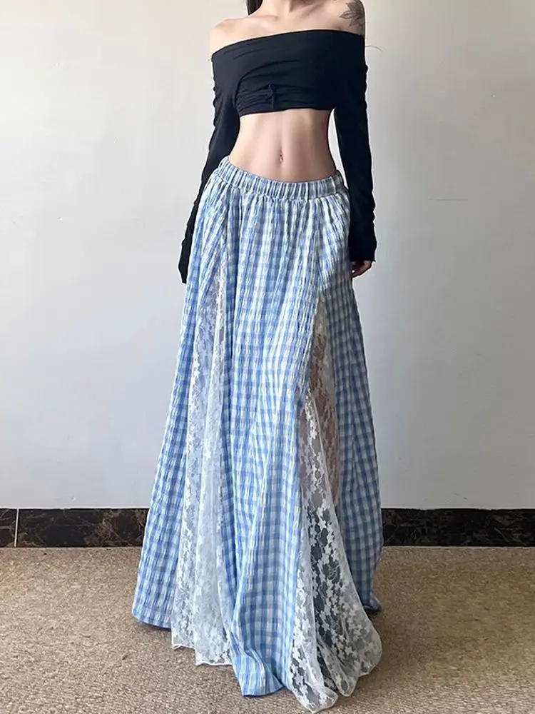Jupe à carreaux en dentelle pour femmes, élégante, Patchwork, Fairycore, douce, Vintage, longue, Style coréen, rétro, ligne a, à volants