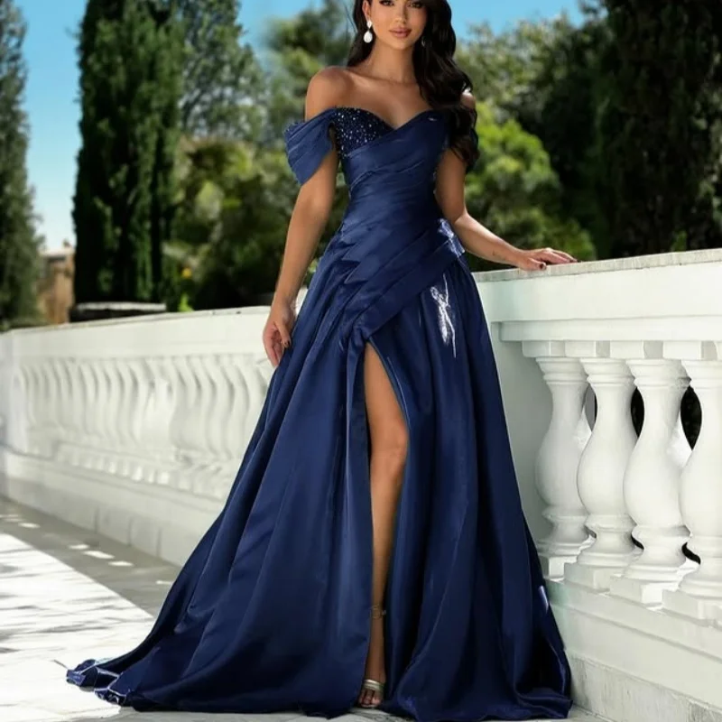 

dark blue evening dress off-shoulder Lace glitter flower decal vent Long tail vestidos de 15 Quinceanera ﻿Customize