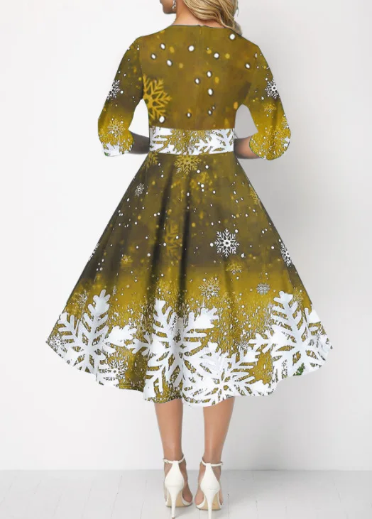 Nowa świąteczna sukienka damska: modny i unikalny wzór w płatki śniegu, elegancka sukienka z rękawami do połowy ramienia i podkreśloną talią, sukienka na przyjęcie.