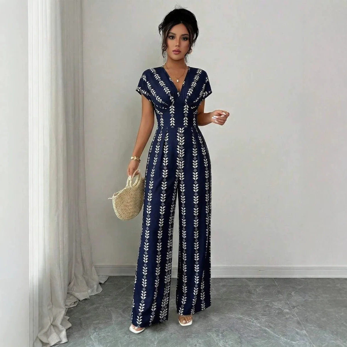 Women's Solid Color Digital Print V-neck Elegant Waist-cinching High-waisted Wide-leg Jumpsuit Clothing Maxi Femme Luxury
