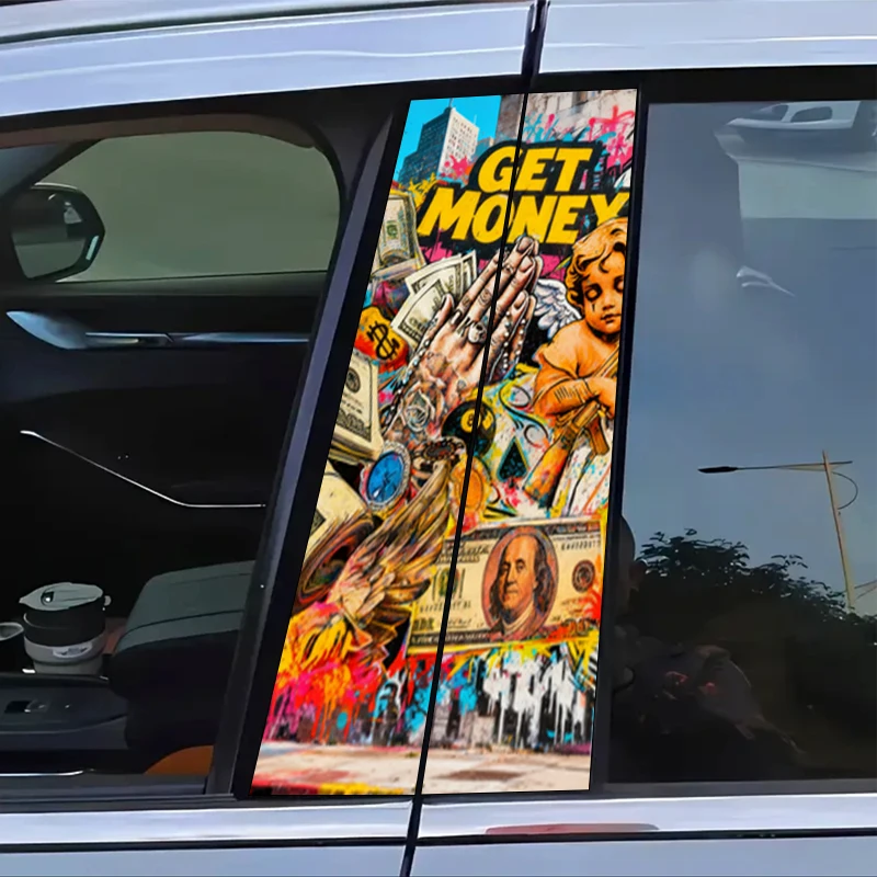 2Pcs Street Graffiti Wind "Fortune Fantasy" Vinyl Car Patch - Simple peel and paste B-pillar protection, durable and durable