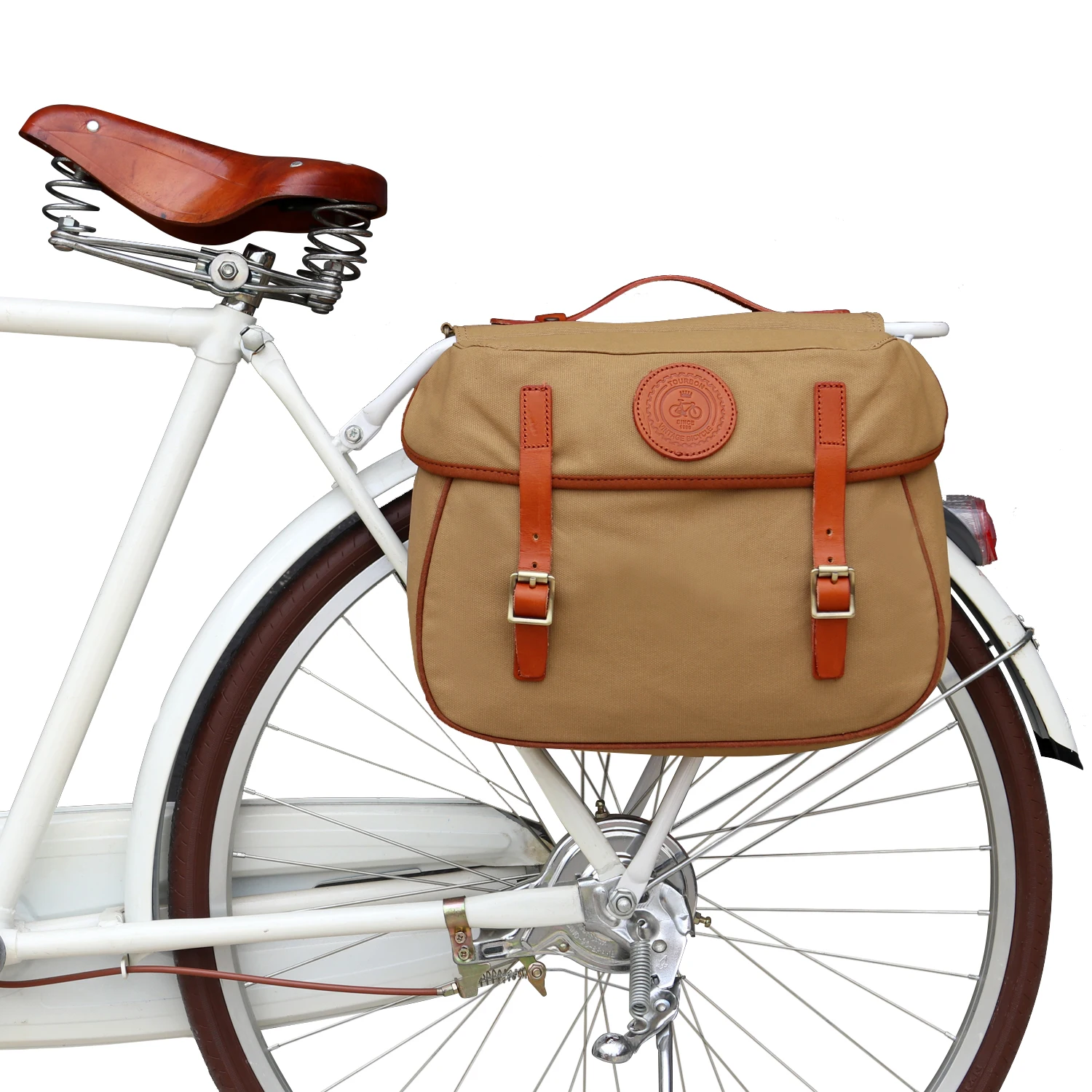 Tourbon City Cycling Vintage Bicycle Pannier Rear Rack Trunk Backseat Saddle Bags Bike Luggage Two Bags Waterproof Waxed Canvas