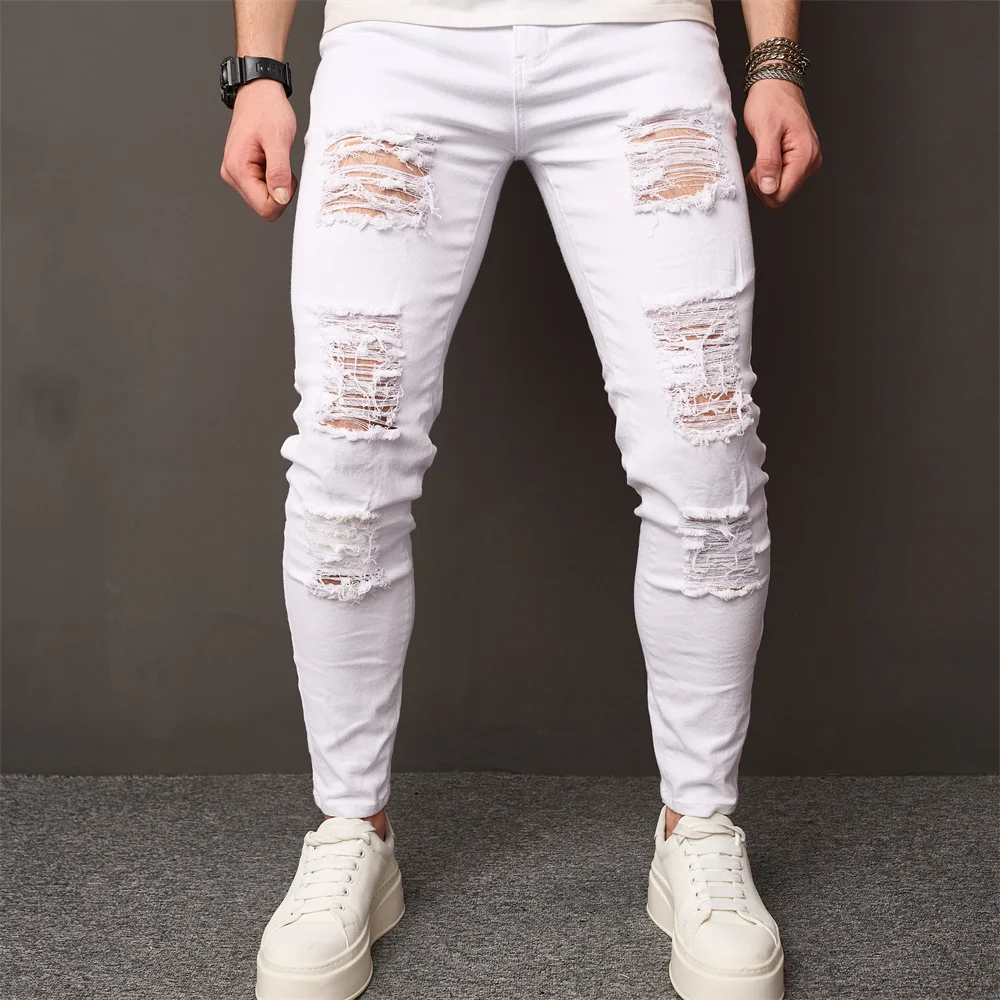 Streetwear Holes Skinny Jeans Stylish Men Stretch Slim Trousers Distressed Ripped Solid Male Casual Pencil Denim Pants