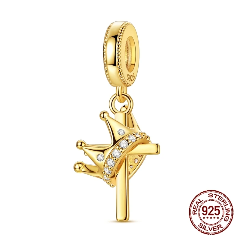 

Лидер продаж, подвески в виде креста с золотой короной, стерлинговое серебро 925 пробы, висячий кулон, подходит для браслета, ожерелья, ювелирные изделия своими руками