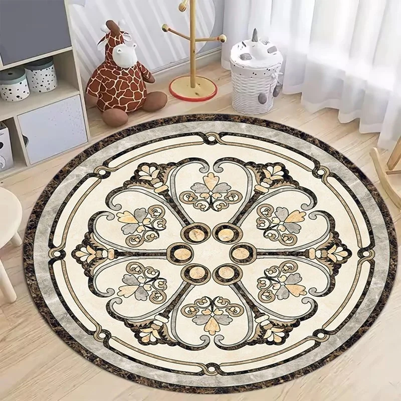Greek Marble Pattern Round Area Rug, Classic Geometric Circular Floor Mat, Living Room Indoor Home Decor
