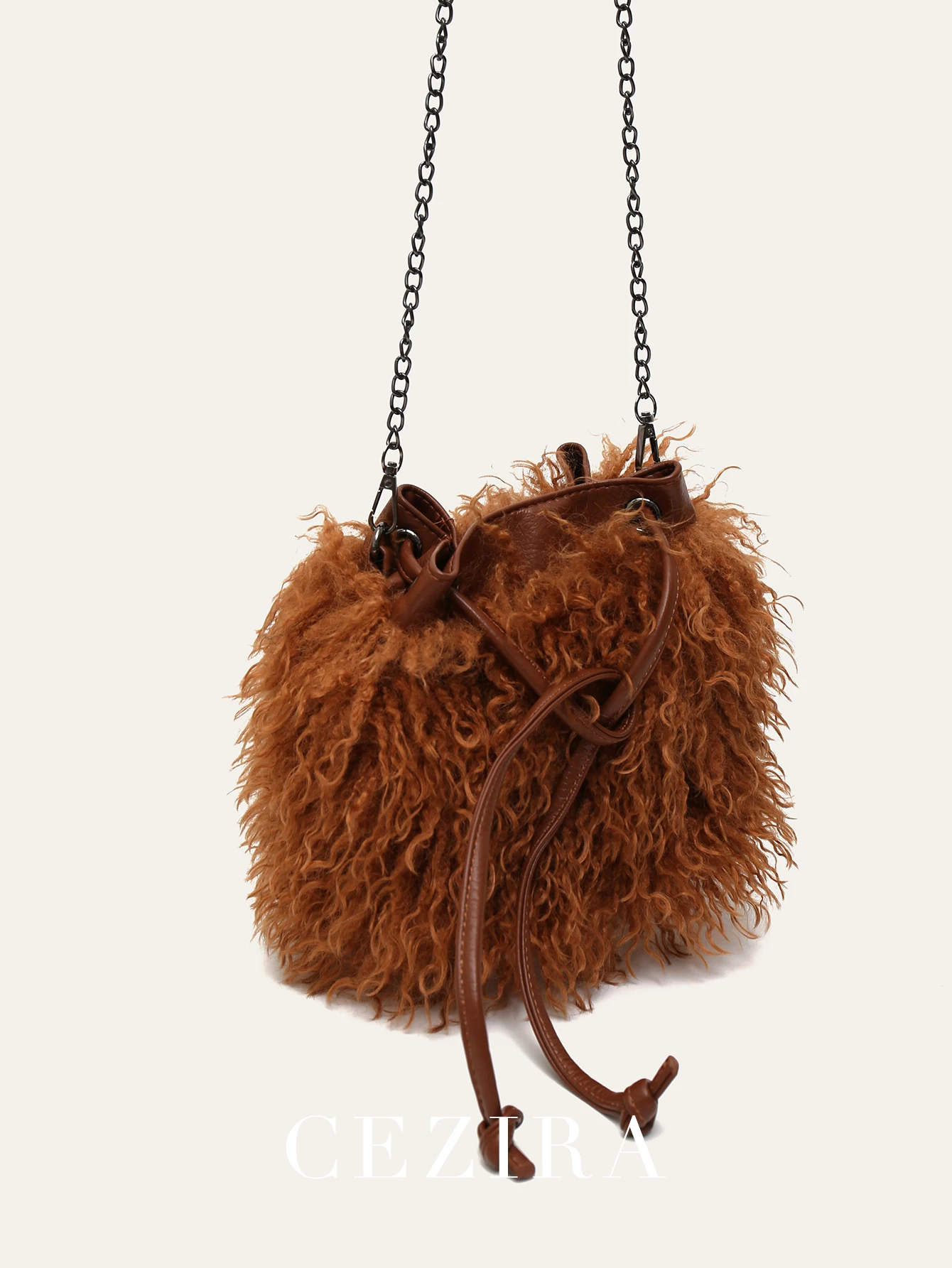 CR Stylish Messy Fluffy Cute Mini Bucket Bag Soft Faux Wool PU Leather Drawstring Magnetic Closure Metal Chain Crossbody Purse
