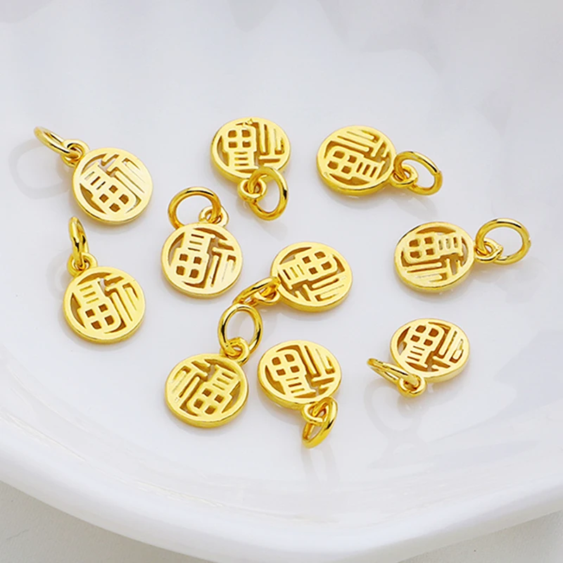 1pc 925 Sterling Silver Hollow Chinese Good Luck Round Charms 11.5x9mm Gold Color Lucky Pendants For Women Men DIY Jewelry Craft