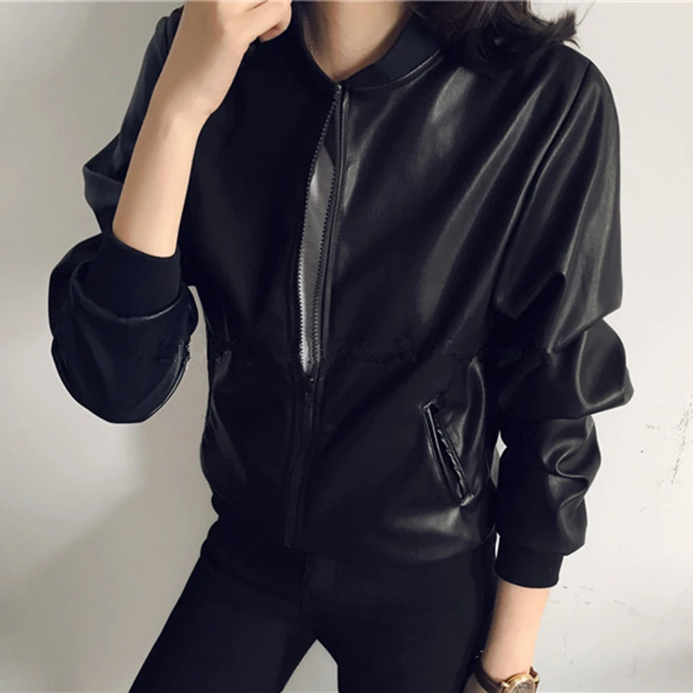 PU Lantern Sleeve Jacket for Women Featuring Zipper Closure Collarless Neckline Perfect for Seasonal Casual and Office Wear
